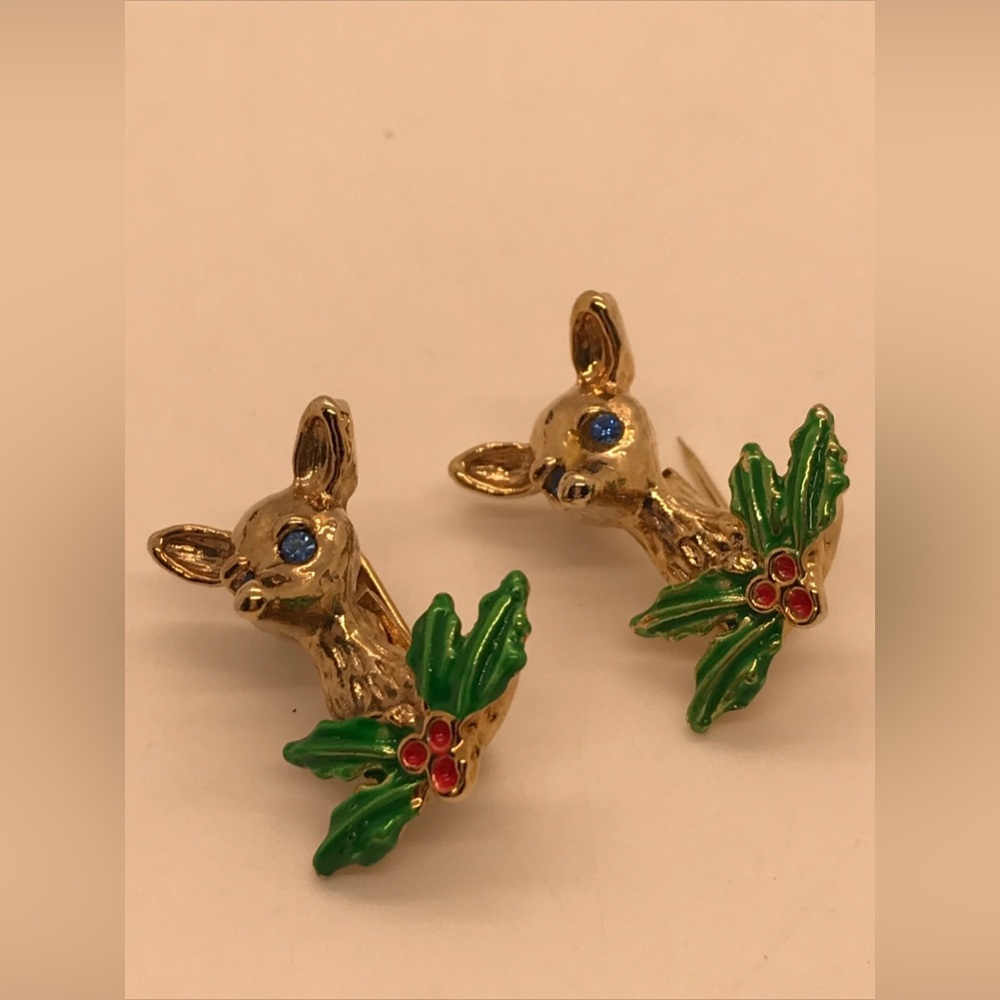 VTG Reindeer Brooch Pin Set Signed Taiwan ￼ ART Christmas Enamel 1”
